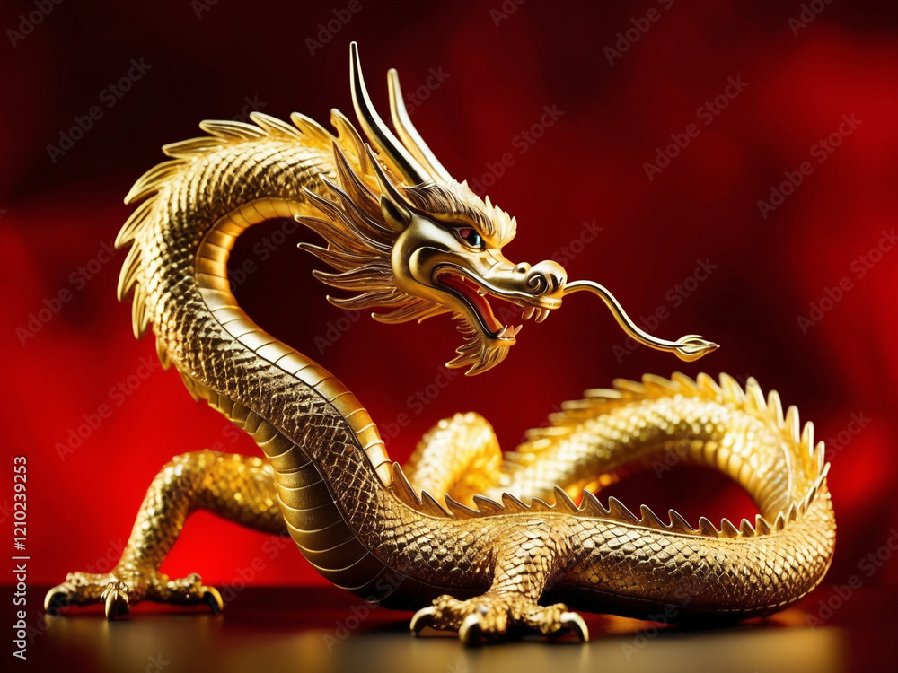 Obraz premium The gold Chinese dragon figurine standing on the table on bright red background.