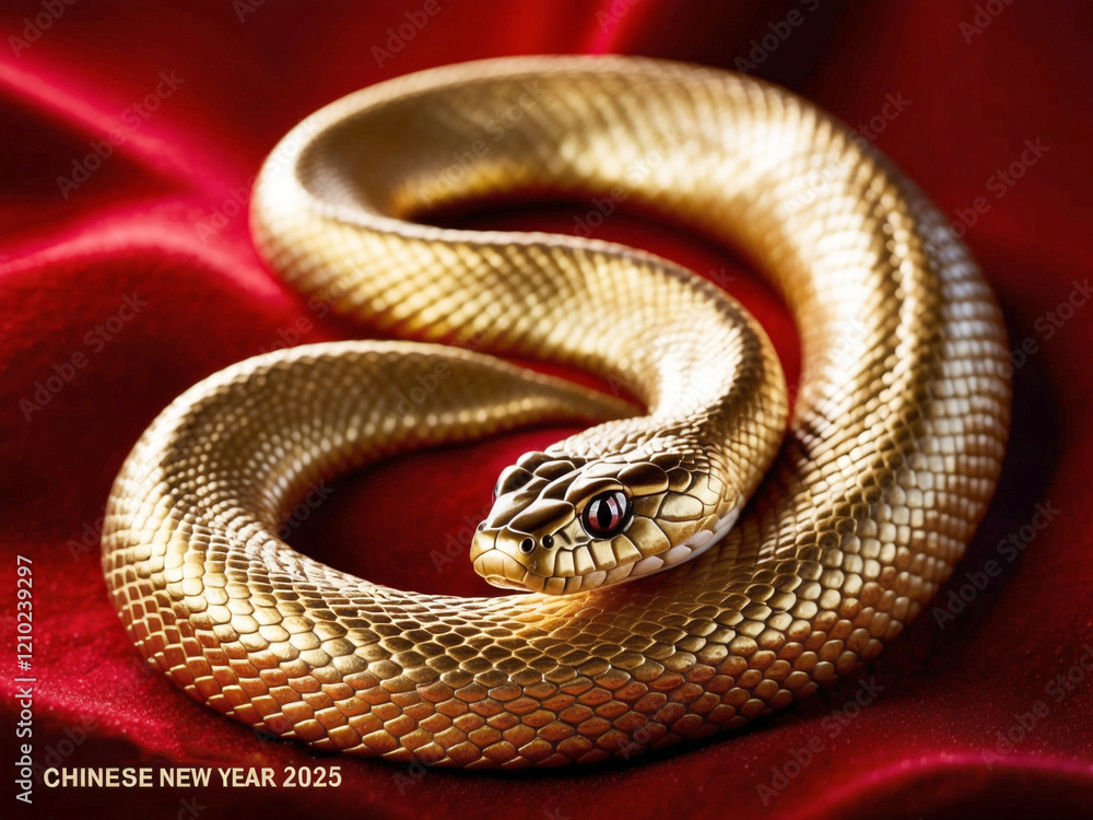 Fototapeta premium The Chinese New Year 2025 is the year of snake. The gold snake figurine on red velvet background is mean of the wealth in the year of snake.