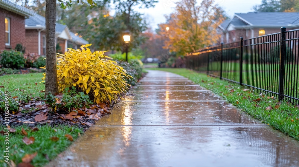 Fototapeta premium Autumnal sidewalk, residential neighborhood, rainy day, walkway