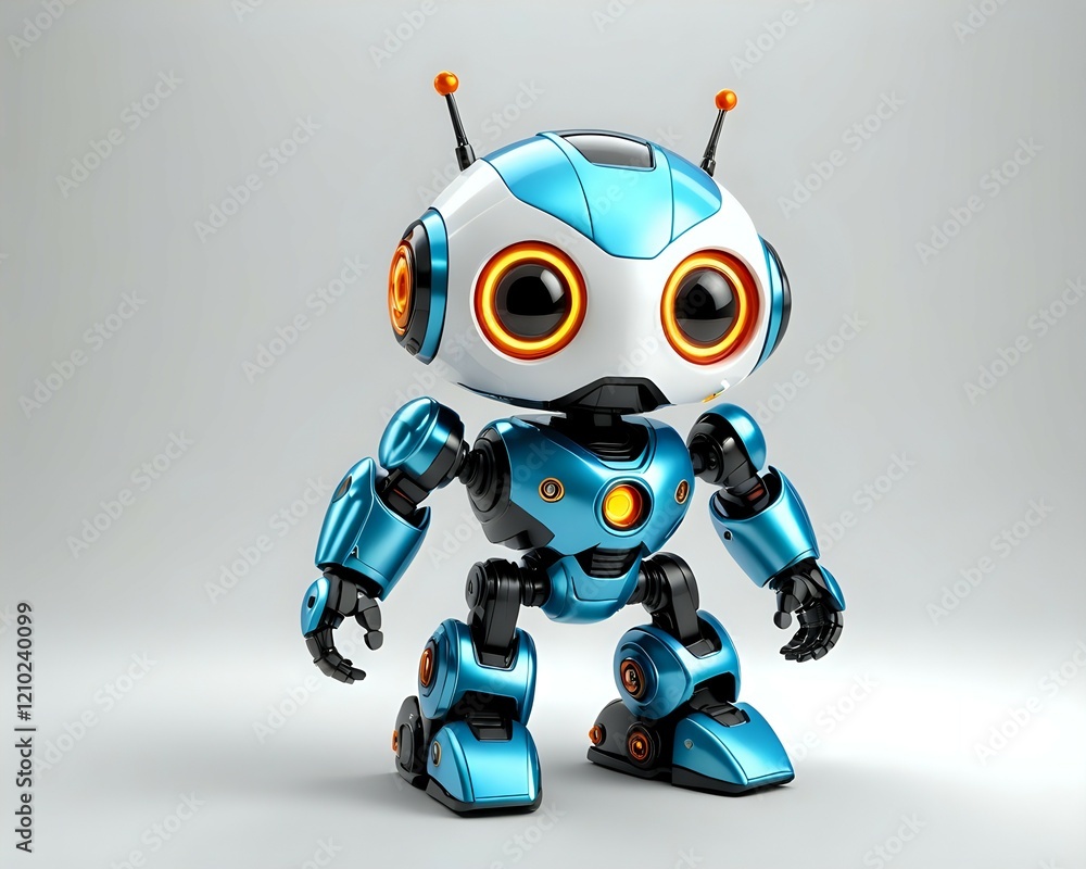 Adorable blue robot, futuristic design, friendly expression, 3D rendering, isolated on white background.  Perfect for children's books, tech websites, or AI projects.