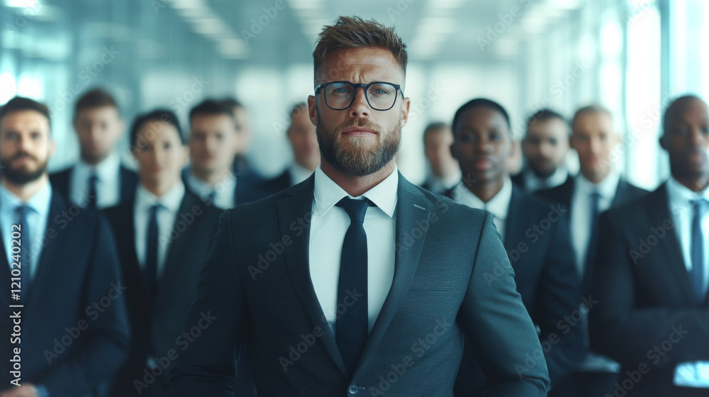 Confident group of diverse managers posing together in a modern corporate office setting Confident group of diverse managers posing together in a modern corporate office setting