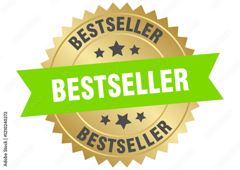 Obraz premium bestseller. bestseller round green and gold label isolated on transparent background