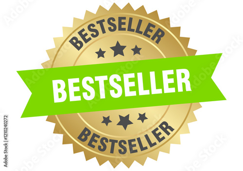 bestseller. bestseller round green and gold label isolated on transparent background