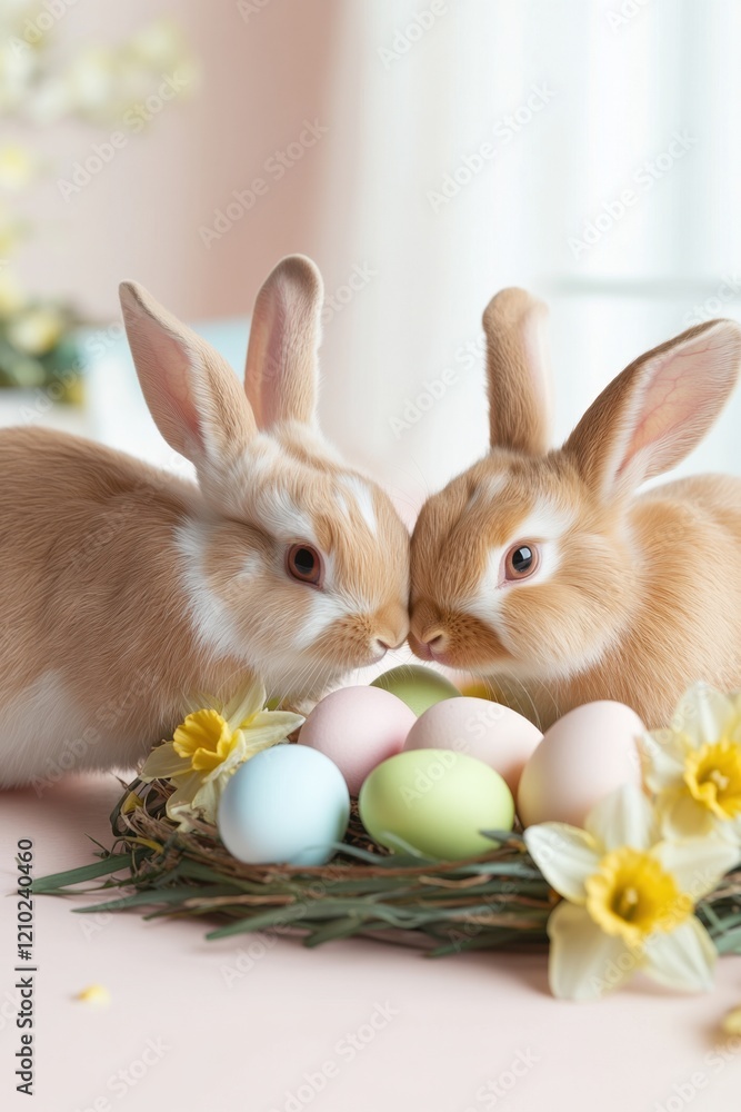Obraz premium Two fluffy rabbits are touching noses near a nest with colorful easter eggs and daffodils, creating a heartwarming easter scene