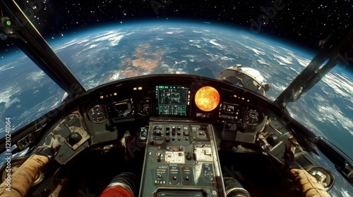 Spaceship Cockpit View Earth Sun and Starry Space from Pilot s Perspective photo