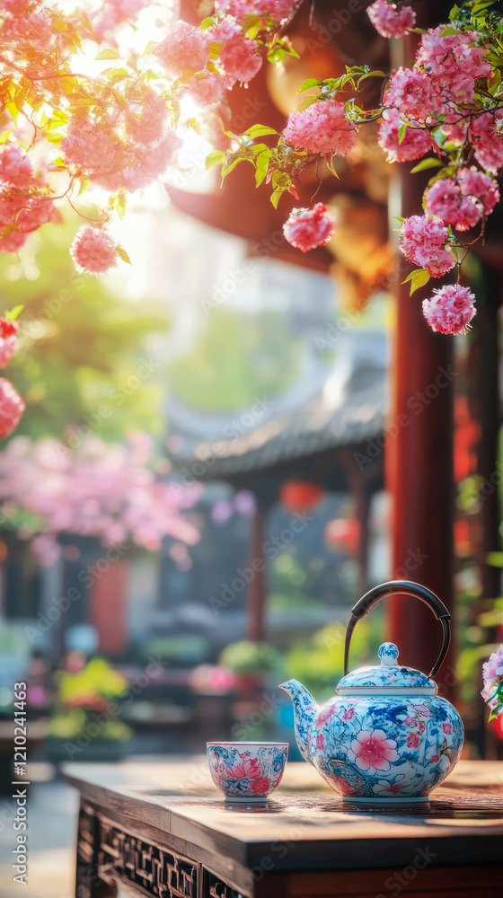 Serene Tea Ceremony in a Blossoming Garden: A Porcelain Teapot and Cup Rest on a Wooden Table, Under a Canopy of Delicate Pink Flowers Serene Tea Ceremony in a Blossoming Garden: A Porcelain Teapot and Cup Rest on a Wooden Table, Under a Canopy of Delicate Pink Flowers