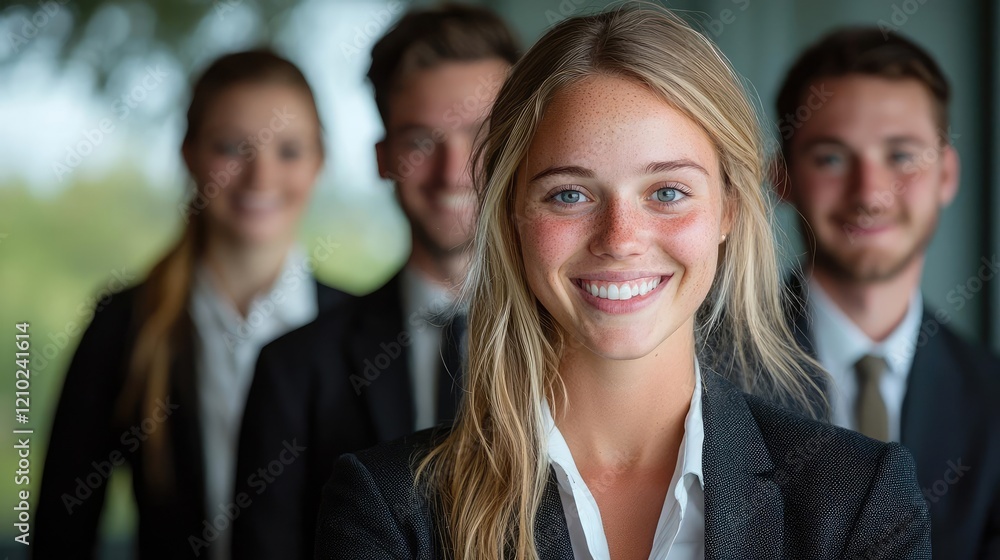 Confident business team smiling, office background Confident business team smiling, office background