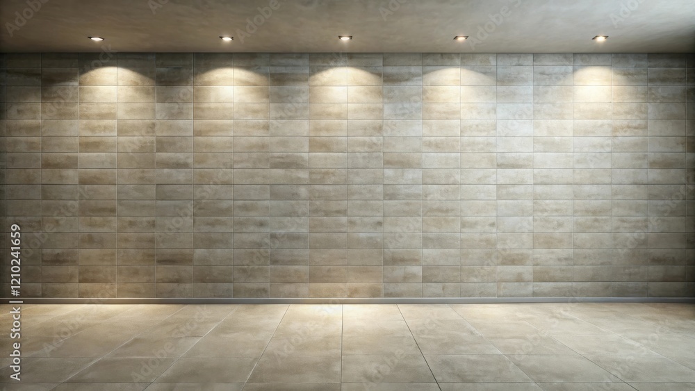 Empty Room with Neutral Tile Walls and Floor, Illuminated by Recessed Lighting Empty Room with Neutral Tile Walls and Floor, Illuminated by Recessed Lighting