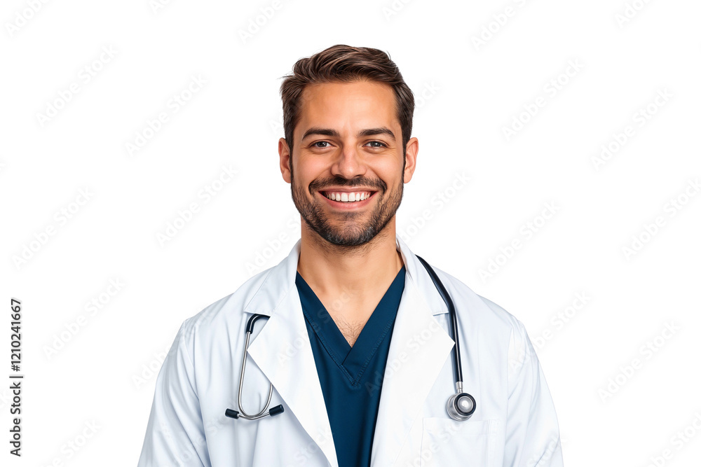 Fototapeta premium Portrait of a professional smiling doctor with stethoscope, handsome man, isolated on transparent background