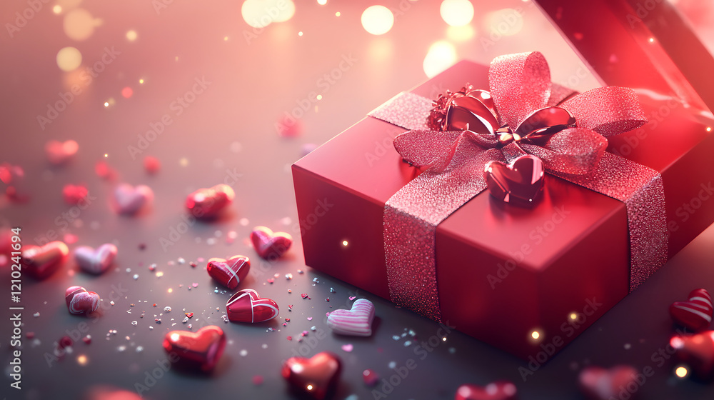 Valentine's Day Design with Realistic Red Gift Boxes, Open Gift Box Full of Festive Decorative Objects, and Romantic Background. Valentine's Day Design with Realistic Red Gift Boxes, Open Gift Box Full of Festive Decorative Objects, and Romantic Background.