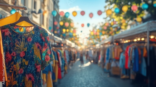 Colorful Floral Print Blouse Hanging at Sunny Outdoor Market Street