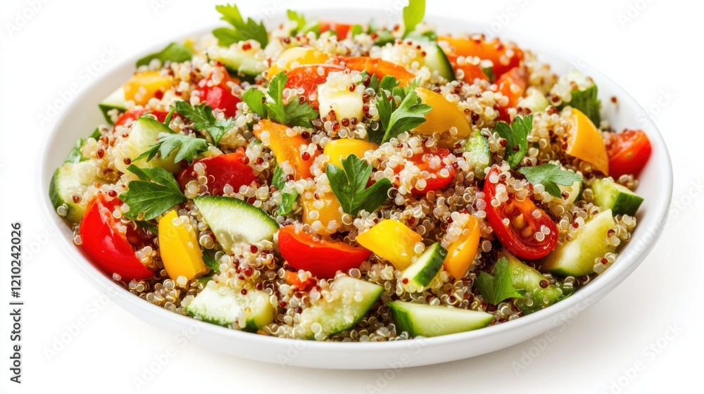 A colorful quinoa salad with mixed bell peppers, cherry tomatoes, cucumber A colorful quinoa salad with mixed bell peppers, cherry tomatoes, cucumber