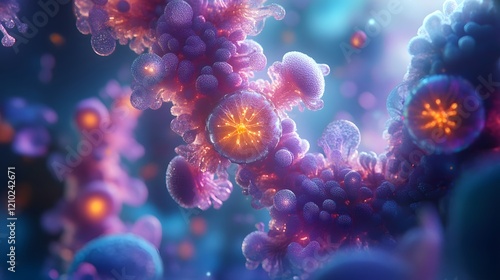 Glowing vibrant molecular structures showcasing the intricate biosynthesis and energetic properties of antioxidants which offer preventive health benefits and support overall wellness