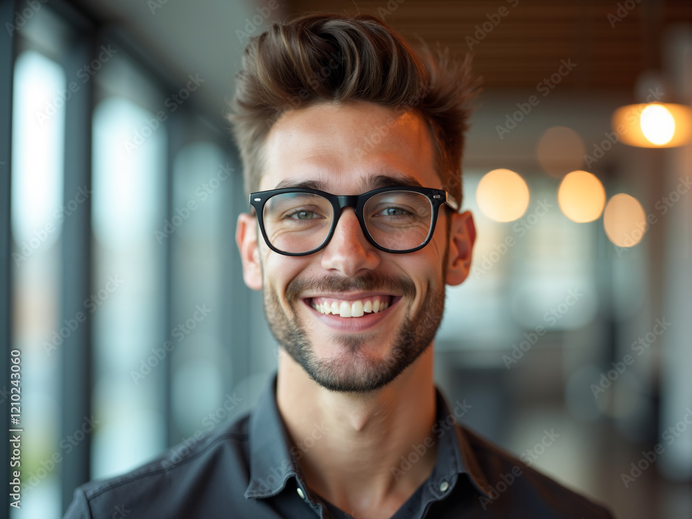 Young man with glasses smiling brightly in a modern indoor setting during afternoon hours Young man with glasses smiling brightly in a modern indoor setting during afternoon hours