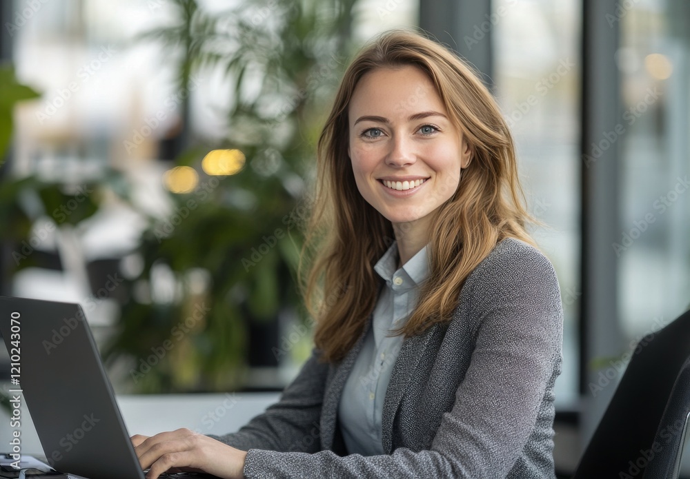 confident businesswoman smiling at her desk while working on a laptop in an office setting confident businesswoman smiling at her desk while working on a laptop in an office setting
