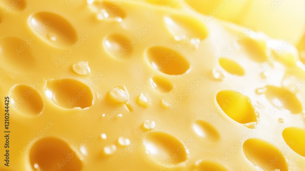 Close-up of cheese with holes, smooth texture, golden color Close-up of cheese with holes, smooth texture, golden color
