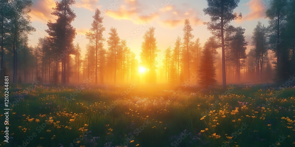 Magical sunset in a misty pine forest. Magical sunset in a misty pine forest.