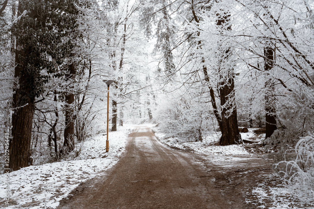 Snowy road and cold winter landscape - winter snow Fruška Gora Serbia