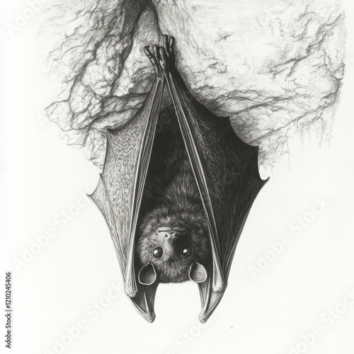 Bat hanging upside down in a cave displaying its wings, showcasing nocturnal behavior in a dark habitat photo