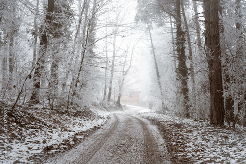 Obraz na płótnie Snowy road and cold winter landscape - winter snow Fruška Gora Serbia w salonie
