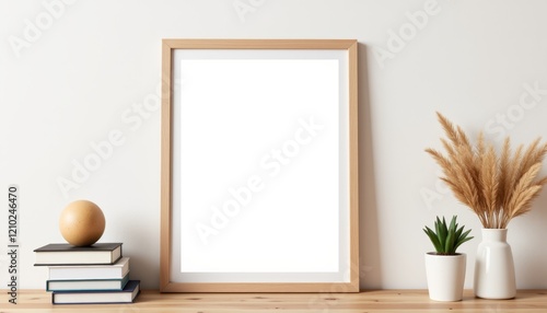 Customizable frame with minimal decor on wooden surface, modern design