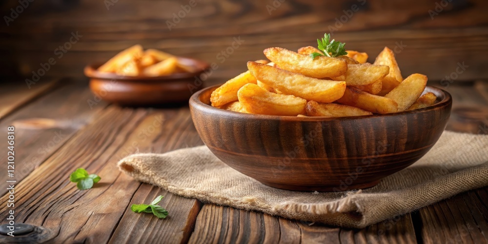 Fried Potato Snacks on Bowl on Wooden Table, wooden table, brown bowl , wooden table Fried Potato Snacks on Bowl on Wooden Table, wooden table, brown bowl , wooden table