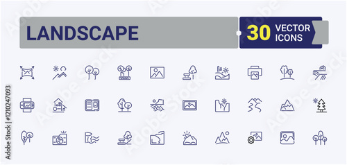 Landscape lined icons set. Includes icons for canyon, landscape, sky, cliff, house, tree, rest, nature. Simple line vector. Vector icons editable stroke.