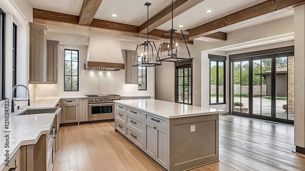 Fototapeta premium The stunning design includes wooden beams and a spacious island.