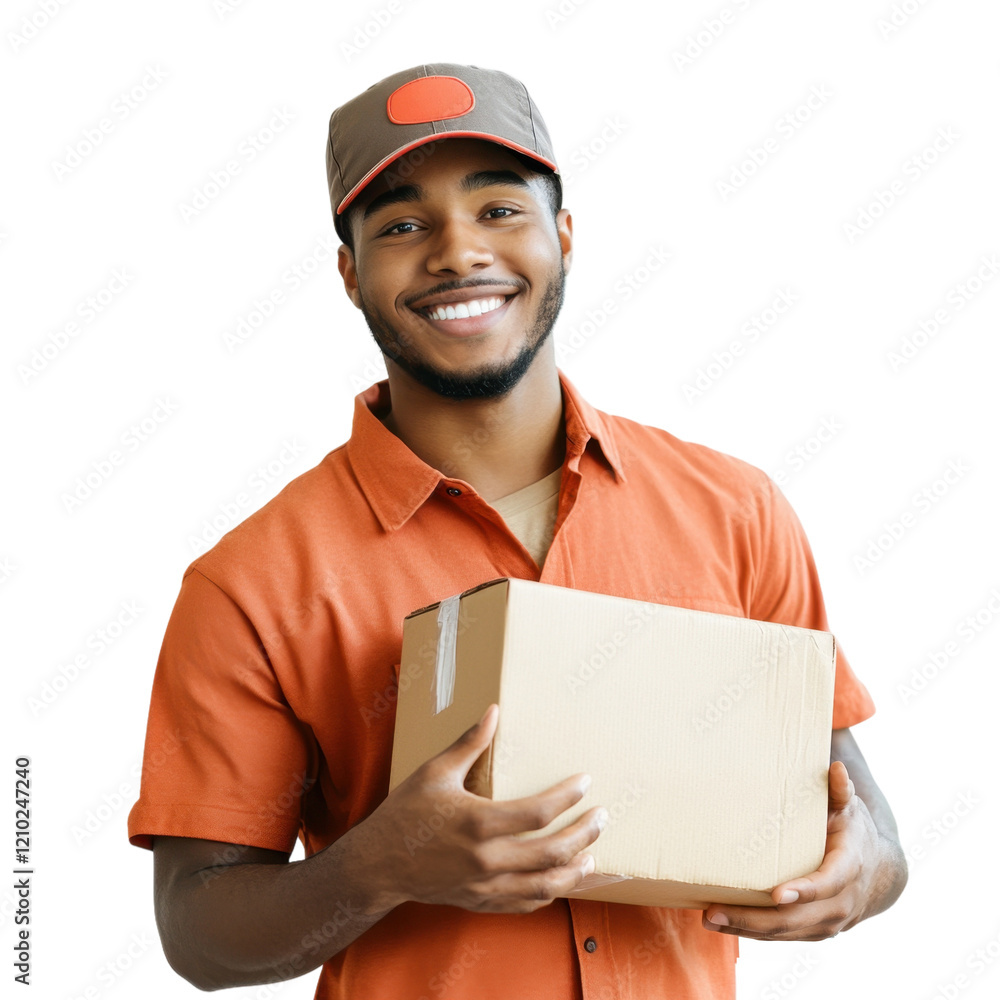  Smiling delivery person holding a cardboard box, wearing a black polo shirt and cap, symbolizing reliable courier services.