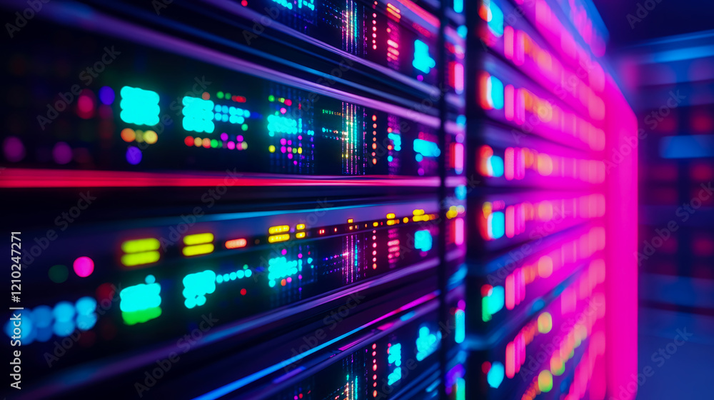 Neon-lit Server Racks in a Modern Data Center: A Glimpse into the Digital World Neon-lit Server Racks in a Modern Data Center: A Glimpse into the Digital World