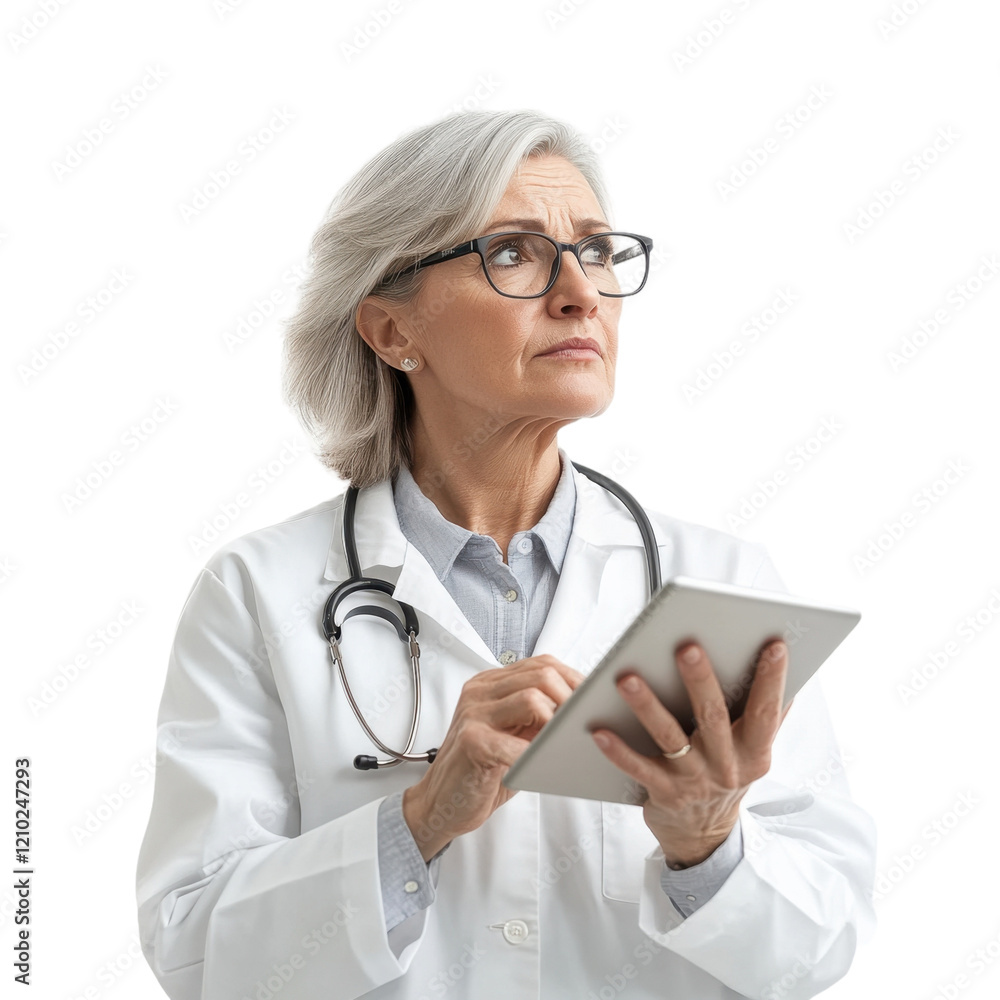 Thoughtful senior doctor in a white lab coat using a digital tablet, symbolizing modern healthcare and professional expertise. Thoughtful senior doctor in a white lab coat using a digital tablet, symbolizing modern healthcare and professional expertise.