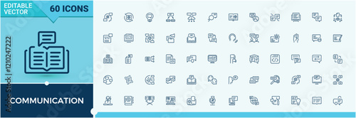 Communication icon set. Containing international, 6on, speak, graphic, software, pronunciation, text and more. Isolated icons design. Editable vector stroke.