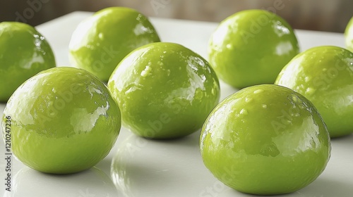 Bright green avocados gently squeezed on a sleek white tabletop for firmness check photo