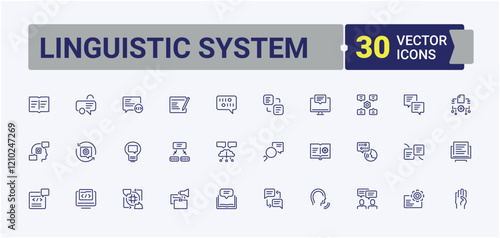 Linguistic System icon set. Containing talk, conversation, business, text, man, language and more. Perfect for logos and infographics. Editable stroke.