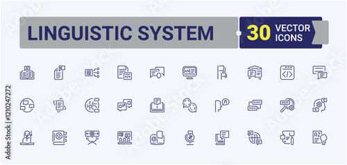 Linguistic System icon set. Containing talk, conversation, business, text, man, language and more. Perfect for logos and infographics. Editable stroke.