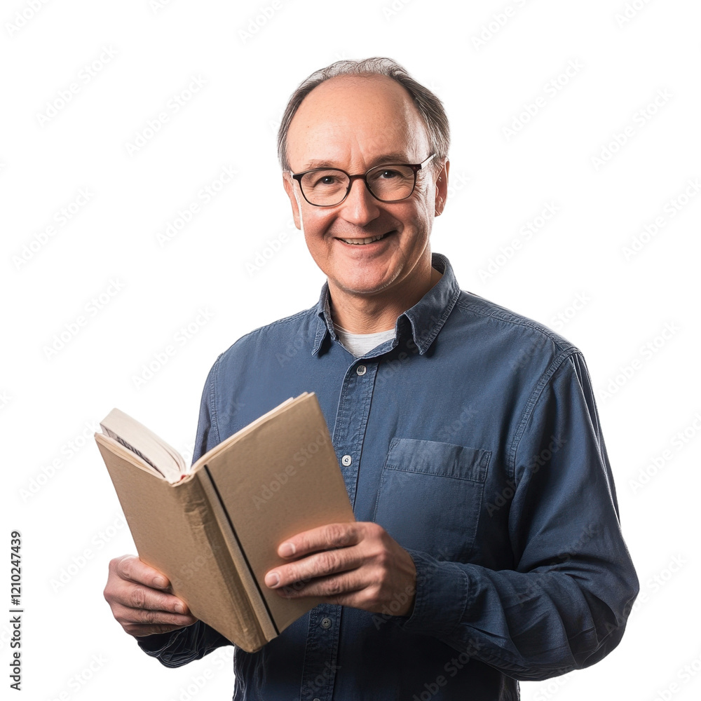 Smiling middle-aged man holding an open book, wearing glasses and a blue shirt, symbolizing knowledge and a passion for reading, studio portrait. Smiling middle-aged man holding an open book, wearing glasses and a blue shirt, symbolizing knowledge and a passion for reading, studio portrait.