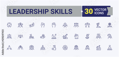 Leadership Skills icons set. Icons group, success, corporate, support, meeting, collaboration, leadership and more. Pixel perfect. Editable stroke. Vector illustration.