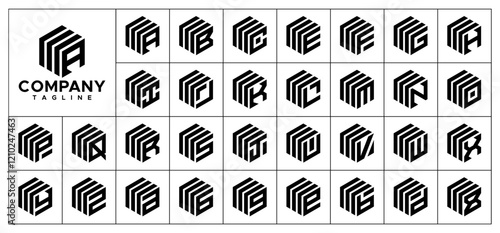 Line hexagon box pack initial A-Z letter logo set