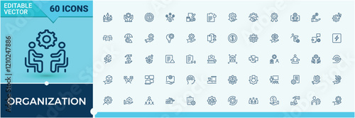 Set of Organization line icons. It contains symbols to manage, growth, communication, search, hand and more. Isolated icons design. Vector illustration in modern line style.