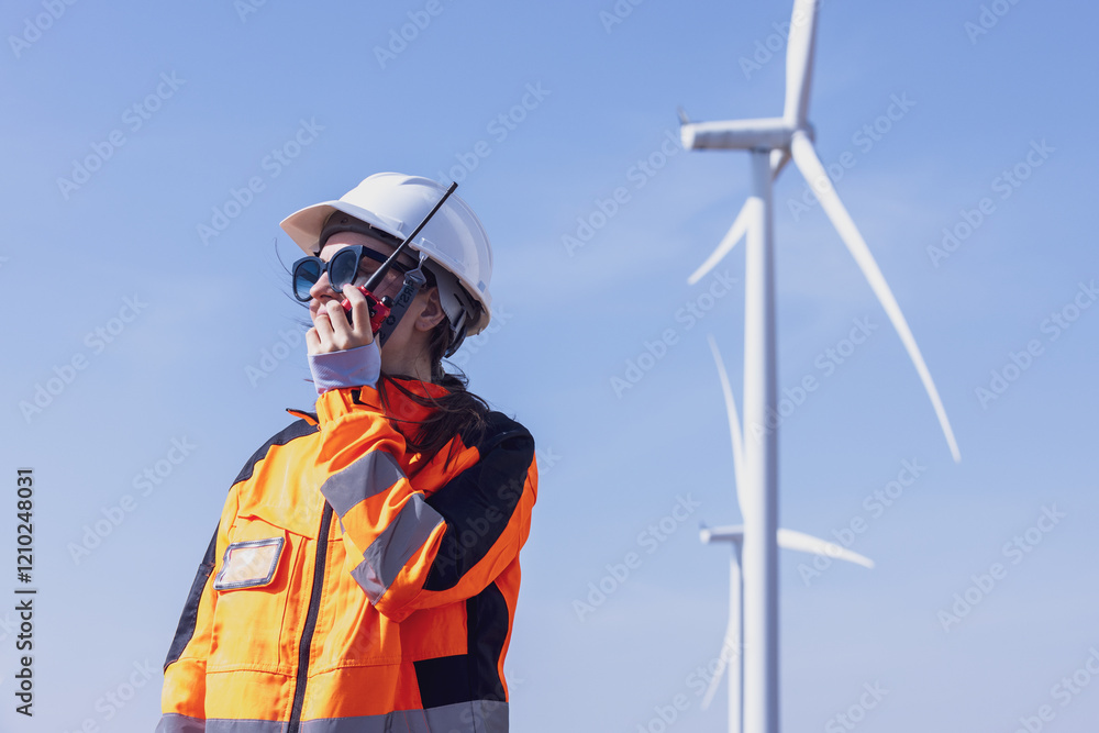 Fototapeta premium Engineer woman in hardhat with laptop and blueprint working on wind turbines at electricity power station background. Renewable energy, wind turbine generate electricity to produce energy .