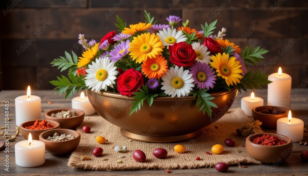 Serene bronze offering bowl filled with colorful flowers and candles, tranquility Serene bronze offering bowl filled with colorful flowers and candles, tranquility
