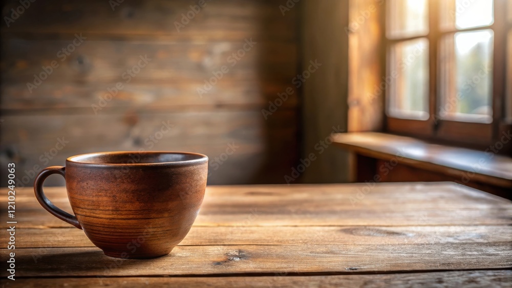 Rustic earthenware mug on wooden table near sunlit window Rustic earthenware mug on wooden table near sunlit window