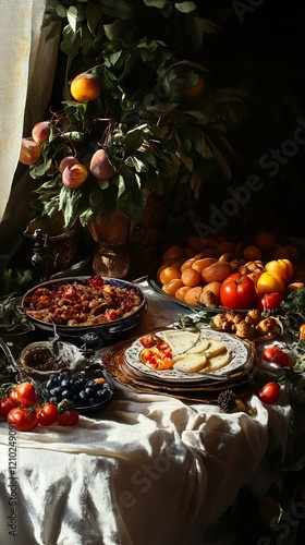 A Still Life of Food: Peaches, Cheese, and Tomatoes photo