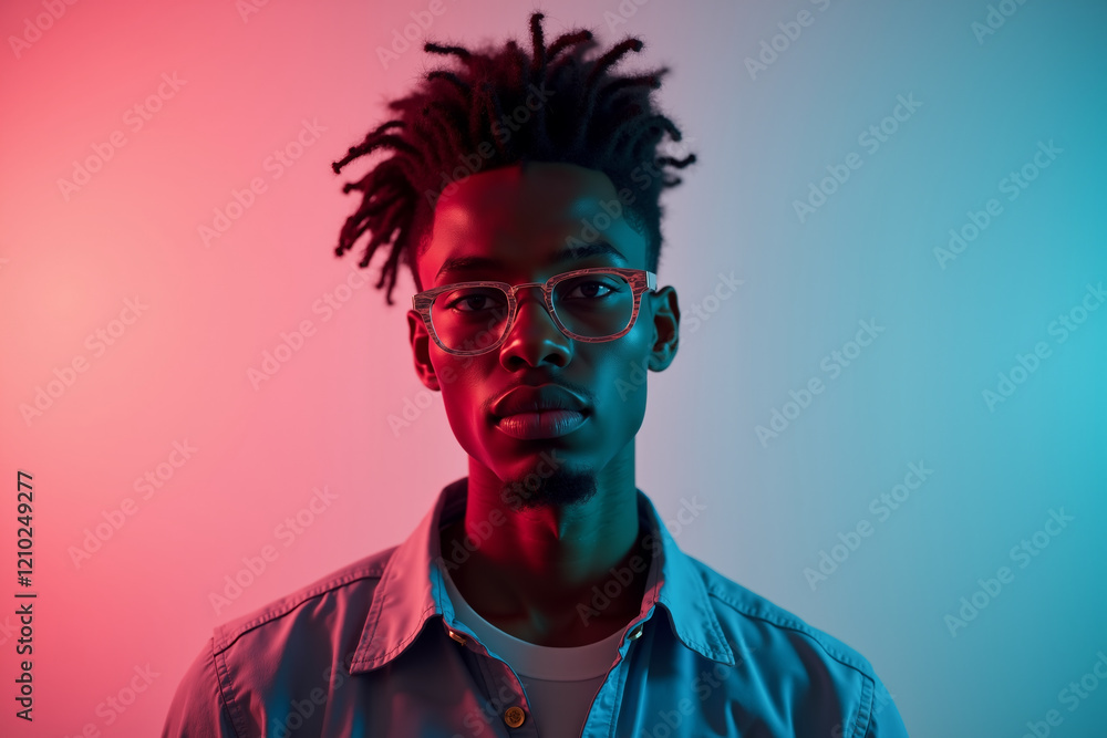 Young black man with glasses posing under colorful lighting in a modern studio setting Young black man with glasses posing under colorful lighting in a modern studio setting