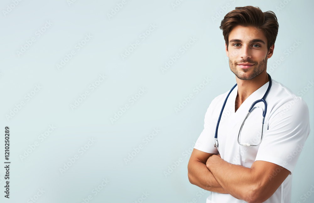Medical Doctor. Doctor with a stethoscope, confident and relaxed, exudes professionalism in his medical uniform. Hospital workplace, Copyspace Medical Doctor. Doctor with a stethoscope, confident and relaxed, exudes professionalism in his medical uniform. Hospital workplace, Copyspace