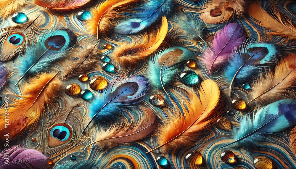 A various colorful feathers scattered on a textured surface A various colorful feathers scattered on a textured surface