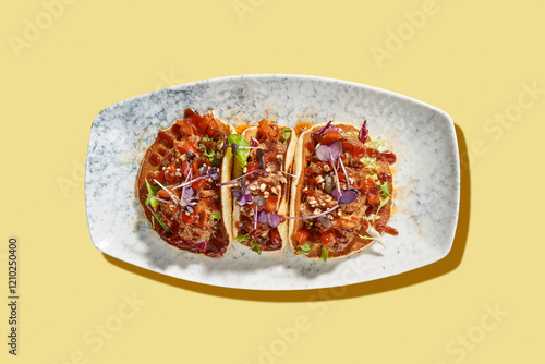 A vibrant and colorful gourmet taco featuring tender pulled pork, fresh greens, and a drizzle of tangy barbecue sauce. photo