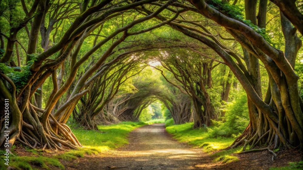 Naklejka premium Forest Natural Archway Formed by Branches, forest formation, branches, forest formation, branches, tree architecture