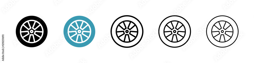 Car wheel icons set in black filled and stroke line style Car wheel icons set in black filled and stroke line style