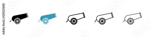 Cannon icons set in black filled and stroke line style